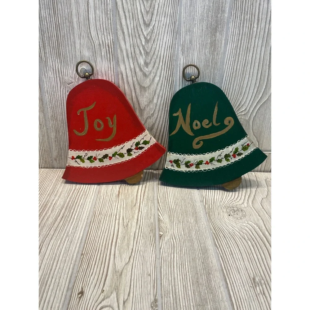 Vintage Hand Painted Wood Christmas Bell Wall Decor Joy Noel Red Green Set of 2